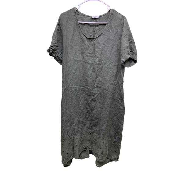 Rosemarine Linen Dress Gray Midi Dress Short Sleeve Embroidered Hem Size L - Picture 1 of 7